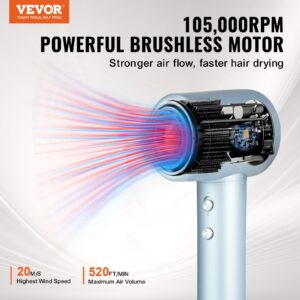 High-Speed Hair Dryer With 105,000RPM Brushless Motor, 200 Million Negative Ions Hair Blow Dryer, 4 Temps & 3 Speeds, LCD Display Thermo-Control Hairdryer With Diffuser & Nozzle For Home Travel